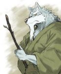  2021 anthro asian_clothing beard canid canine canis clothed clothing colored east_asian_clothing facial_hair fingers fur grey_body grey_fur holding_stick humanoid_hands japanese_clothing kimono law_(sdorica_sunset) male mammal multicolored_body multicolored_fur nao901 one_eye_closed sdorica solo stick two_tone_body two_tone_fur white_body white_fur wolf 