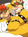  2021 angry anthro bed blush bodily_fluids bowser clothing cuddling furniture group hi_res japanese_text kemono koopa lying male mario_bros nintendo overweight overweight_male pillow scalie shirt sweat text topwear video_games yoshizaurusu_n 