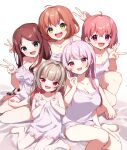  5girls :d ahoge akabane_youko bangs bare_arms bare_shoulders barefoot blush breasts brown_hair cleavage collarbone double_v dress eyebrows_visible_through_hair fang green_eyes hair_between_eyes hair_down hair_intakes hands_up honma_himawari makaino_ririmu matching_outfit medium_breasts mole mole_under_eye multicolored_hair multiple_girls nijisanji open_mouth pink_hair purple_eyes sasaki_saku shiina_yuika sitting sleeveless sleeveless_dress small_breasts smile streaked_hair swept_bangs v white_dress yamabukiiro 