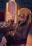  1girl arm_rest armchair bangs black_ribbon black_skirt blonde_hair blurry blurry_background bookshelf breasts brigare brown_jacket chair chess_piece chessboard commentary copyright_name glasses hair_ornament hair_ribbon holding holding_chess_piece indoors jacket king_(chess) long_sleeves makihitsuji medium_breasts on_chair one_side_up orange_eyes parted_lips ribbon school_uniform semi-rimless_eyewear sidelocks sitting skirt solo sweater sweater_under_jacket symbol_commentary table white_sweater x_hair_ornament 