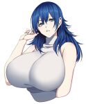  1girl bare_shoulders blue_eyes blue_hair breasts camui_kamui collarbone commentary_request highres huge_breasts long_hair looking_at_viewer original simple_background sleeveless_sweater solo sweater upper_body white_background white_sweater 