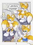  absurd_res alystaircat anthro bottomwear briefs bulge canid canine clothing comic comic_page dressing flaccid footwear fox fur genitals gloves handwear hi_res male mammal miles_prower nude penis shorts socks solo sonic_the_hedgehog_(series) underwear young 
