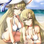  2girls armlet ass beach bikini blonde_hair blue_sky breasts butt_crack cleavage collarbone day free_note017 hat langrisser langrisser_ii large_breasts looking_at_viewer lying multiple_girls ocean on_side on_stomach outdoors rana_(langrisser) riana_(langrisser) siblings sisters sky smile string_bikini sun_hat swimsuit swimwear twins white_bikini white_headwear white_swimsuit yellow_eyes 