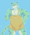  2011 anthro blue_eyes bulge felid fur green_body green_fur horrorbuns humanoid_hands male mammal pantherine pink_nose slightly_chubby solo tiger wrestling_singlet 