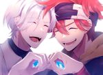  2boys :d black_headband closed_eyes eyes_visible_through_hair hair_between_eyes hands_together headband kyan_reki langa_hasegawa male_focus messy_hair multiple_boys open_mouth pose red_hair simple_background sk8_the_infinity smile towoff upper_body white_background white_hair 