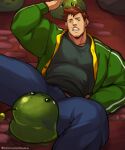  1boy abs alex_(stardew_valley) alternate_pectoral_size bara black_shirt brown_hair bulge creature denim feet_out_of_frame green_jacket imminent_fellatio jacket jeans jimsdaydreams large_pectorals lying male_focus muscular muscular_male navel nipples on_back pants pectorals sexually_suggestive shirt short_hair sitting slime_(creature) solo spread_legs stardew_valley stomach thick_thighs thighs 