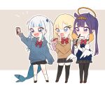  3girls :d absurdres alternate_costume alternate_hairstyle arm_up black_legwear blonde_hair blue_eyes blue_hair blush bow bowtie bubble_tea cardigan cellphone chibi commentary_request crepe drinking fish_tail food full_body gawr_gura grey_background grey_hair hair_ornament hairclip halo highres hololive hololive_english long_hair long_sleeves multicolored_hair multiple_girls neru_(flareuptf1) ninomae_ina&#039;nis open_mouth pantyhose phone pleated_skirt pointy_ears purple_eyes purple_hair red_bow red_neckwear school_uniform shark_tail sharp_teeth skirt sleeves_past_fingers sleeves_past_wrists smile standing streaked_hair tail teeth tentacle_hair thighhighs twintails two-tone_background two_side_up v watson_amelia white_background white_legwear wings zettai_ryouiki 