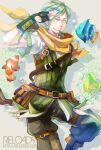  1boy bangs belt black_gloves black_pants brown_belt clownfish commentary_request dated feet_out_of_frame fingerless_gloves fish gloves green_eyes green_hair green_vest grin looking_at_viewer male_focus mouth_hold official_alternate_costume pants pouch ragnarok_online ranger_(ragnarok_online) reload9_yohji salute scarf shirt short_hair signature smile solo vest water watermark web_address white_shirt white_vest yellow_scarf 