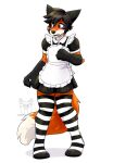  anthro black_body black_fur black_hair blush brown_eyes canid canine clothed clothing crossdressing fleurfurr fox front_view full-length_portrait fur hair hi_res legwear maid_uniform male mammal multicolored_body multicolored_fur multicolored_tail orange_body orange_fur orange_tail pattern_clothing pattern_legwear portrait simple_background solo standing striped_clothing striped_legwear stripes text uniform url watermark white_background white_body white_fur white_tail 