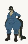  absurd_res anthro boots breasts brown_eyes clothing crocodilian female footwear hi_res jumpsuit non-mammal_breasts overweight overweight_anthro overweight_female quidhansed reptile rolled_up_sleeves scalie sheila_rose_(quidhansed) snaggle_tooth solo solo_focus tail_on_ground wide_hips 