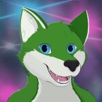  ambiguous_gender anthro blue_eyes canid canine canis domestic_dog fur green_body green_fur haika hi_res hybrid mammal open_mouth smile smiling_at_viewer solo teeth tongue 