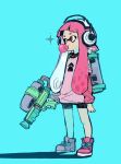  1girl aqua_background bangs black_shorts bloom bubble_blowing chewing_gum headphones highres holding holding_water_gun imigimuru ink_tank_(splatoon) inkling long_hair long_sleeves looking_to_the_side pink_eyes pink_footwear pink_hair print_shirt shadow shirt shoes short_shorts short_sleeves shorts simple_background splatoon_(series) squid standing star_(symbol) tentacle_hair water_gun white_shirt 