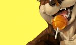  ambiguous_gender anthro candy dessert food licking lollipop lutrine mammal mustelid simple_background skrawl solo tongue tongue_out yellow_background 