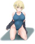 1girl bangs bare_shoulders barefoot black_jacket blonde_hair blue_eyes blue_swimsuit blush breasts closed_mouth collarbone commentary competition_swimsuit degarashi_pack eyebrows_visible_through_hair full_body girls_frontline groin hair_between_eyes hair_ornament highres jacket kneeling large_breasts looking_at_viewer mole mole_under_eye off_shoulder one-piece_swimsuit shadow short_hair sidelocks simple_background snowflake_hair_ornament solo swimsuit vsk-94_(girls_frontline) white_background 