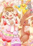  1girl aimi_(aimia492) alternate_color animal_ears azumarill bangs blush brown_hair bunnelby bunny_ears bunny_pose choker dress egg eyebrows_visible_through_hair fake_animal_ears flower gen_2_pokemon gen_4_pokemon gen_6_pokemon happiny lopunny may_(pokemon) one_eye_closed pantyhose pink_choker pink_dress pokemon pokemon_(creature) pokemon_(game) pokemon_masters_ex pokemon_oras shiny_pokemon wrist_cuffs 