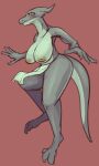  anthro big_breasts biped blush bottomwear breasts claws clothed clothing dragon female grey_body hi_res horn inverted_nipples loincloth looking_at_viewer nipples non-mammal_breasts scalie simple_background solo solterv toe_claws topless 