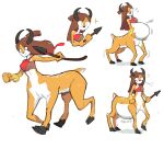  2018 belly big_belly brown_hair clothing dr--worm female fur hair hand_on_stomach horn melee_weapon orange_body orange_fur overweight overweight_female overweight_taur polearm simple_background solo sound_effects spear taur text weapon white_background 