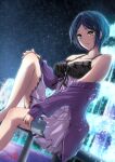  1girl :p babydoll bangs bare_legs bare_shoulders blue_hair breasts cardigan cellphone cleavage collarbone dated dress fountain glint hand_on_own_knee hayami_kanade highres holding holding_phone idolmaster idolmaster_cinderella_girls leg_up looking_at_viewer medium_breasts night night_sky ochi_r off-shoulder_dress off_shoulder open_cardigan open_clothes outdoors parted_bangs phone purple_cardigan short_hair signature sitting sky sleeves_past_wrists solo star_(sky) thighs tongue tongue_out water 