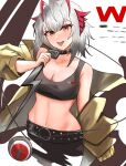  1girl :p ahoge antennae arknights bangs bare_shoulders belt black_belt black_skirt breasts brown_eyes character_name cleavage collarbone commentary highres holding horns jacket long_sleeves looking_at_viewer medium_breasts midriff navel niuwajun off_shoulder open_clothes open_jacket short_hair silver_hair simple_background skirt smile solo sports_bra stomach tongue tongue_out w_(arknights) white_background yellow_jacket 
