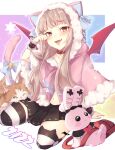  1girl :d animal animal_ear_legwear animal_ears animal_hood arm_support bag bangs bell black_skirt blue_bow bow brown_hair capelet cat cat_ear_legwear cat_ears cat_hood cat_tail collar collarbone demon_wings eyebrows_visible_through_hair fake_animal_ears fang full_body fur-trimmed_capelet fur-trimmed_hood fur_trim hand_up highres hiko_(zem_n) hood hood_up hooded_capelet jingle_bell looking_at_viewer makaino_ririmu multicolored_hair navel nijisanji open_mouth over-kneehighs pink_capelet pleated_skirt red_collar red_eyes red_hair red_wings shoulder_bag signature skirt smile solo streaked_hair striped striped_legwear stuffed_animal stuffed_bunny stuffed_toy tail tail_bell tail_bow tail_ornament tail_raised thighhighs virtual_youtuber wings wrist_cuffs 
