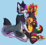  anthro bodily_fluids canid canine collar duo female fingering fur genital_fluids hi_res kissing kneeling leash leash_pull male male/female mammal multicolored_body multicolored_fur peeing rainbow_body rainbow_fur redfeatherstorm urine watersports 