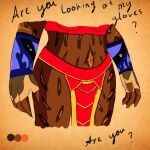  animal_humanoid anthro belt bra canid canine clothing colored colored_sketch female gloves handwear humanoid legwear mammal mammal_humanoid shulya solo spots tamaria_(shulya) text underwear 