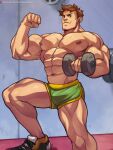  1boy abs alex_(stardew_valley) alternate_pectoral_size bara biceps brown_hair bulge dolphin_shorts dumbbell flexing foot_out_of_frame green_shorts jimsdaydreams large_pectorals male_focus muscular muscular_male navel nipples pectorals pose shirtless short_hair shorts sideburns solo stardew_valley stomach thick_thighs thighs weightlifting 