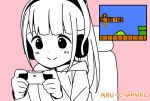  1-up_mushroom 1girl ?_block bangs blunt_bangs blush casual chair character_name closed_mouth commentary_request controller disconnected_mouth dot_nose english_text game_controller gamepad gaming_chair hands_up headphones highres hitoribocchi_no_marumaru_seikatsu holding holding_controller holding_game_controller honshou_aru hood hood_down hoodie katsuwo_(cr66g) long_hair long_sleeves looking_down mario mario_(series) on_chair partially_colored pink_background playing_games sidelocks sitting smile solo super_mario_bros. upper_body warp_pipe 