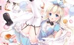  alice alice_in_wonderland blonde_hair blue_eyes blush dress drink flowers food irori long_hair thighhighs wings 