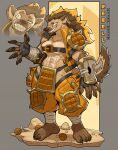  2021 5_fingers 5_toes abs absurd_res anthro armor axe barefoot belt big_breasts blonde_hair bottomwear breasts brown_body brown_fur brown_hair ceehaz chest_tuft claws clothing crazy_eyes dog_knight_rpg ear_piercing explosives feet female fingers fur grenade grin hair hi_res highlights_(coloring) hyaenid leg_wraps mammal melee_weapon midriff mohawk muscular muscular_anthro muscular_female navel notched_ear pants pauldron pawpads piercing rebell_(ceehaz) sharp_teeth smile solo spotted_hyena standing teeth toes topwear tuft vambraces vest weapon wraps yellow_eyes 