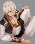  1boy abs bangs black_vest blue_eyes collarbone dark_skin dark_skinned_male earrings eyebrows_visible_through_hair grey_background grey_hair grey_pants grey_shirt hair_between_eyes hand_on_own_knee highres hiko_(zem_n) ibrahim_(nijisanji) jewelry long_sleeves looking_at_viewer male_focus nijisanji pants parted_lips shirt simple_background solo upper_teeth vest virtual_youtuber 