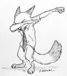  2017 anthro avatar_material barefoot biped black_and_white bottomwear brown_body brown_fur canid canine clothed clothing dabbing disney feet fox fully_clothed fur gloves_(marking) hi_res line_art mammal markings meme monochrome necktie nick_wilde pants reaction_image red_fox ribbontini shirt simple_background solo standing topwear white_background zootopia 