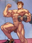  1boy abs alex_(stardew_valley) alternate_pectoral_size bara biceps brown_hair completely_nude dumbbell erection flexing foot_out_of_frame jimsdaydreams large_pectorals male_focus muscular muscular_male navel nipples nude pectorals penis pose short_hair sideburns solo stardew_valley stomach thick_thighs thighs uncensored veins veiny_penis weightlifting 