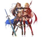  2girls absurdres armor asymmetrical_bangs bangs beatrix_(granblue_fantasy) bikini_armor blonde_hair blue_armor blue_eyes breasts brown_eyes brown_hair cleavage commentary full_body gauntlets granblue_fantasy grin hair_intakes highres koyaya large_breasts leather_belt long_sword midriff multiple_girls navel polearm ponytail red_armor shoulder_armor smile spear standing waist_cape weapon white_background zeta_(granblue_fantasy) 