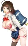  1girl ahoge backpack bag bangs blue_skirt blush bra breasts brown_hair cleavage collared_shirt condom condom_wrapper dress_shirt green_eyes highres large_breasts long_sleeves looking_at_viewer mouth_hold open_clothes open_shirt original panties panty_pull pink_bra pink_panties pleated_skirt shirt short_hair skirt smile souji_hougu thighhighs thighs underwear white_shirt 