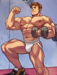  1boy abs alex_(stardew_valley) alternate_pectoral_size bara biceps brown_hair bulge dolphin_shorts dumbbell flexing foot_out_of_frame jimsdaydreams jockstrap large_pectorals male_focus male_underwear muscular muscular_male navel nipples pectorals pose short_hair shorts sideburns solo stardew_valley stomach thick_thighs thighs underwear underwear_only weightlifting white_male_underwear 