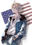  1boy ahoge america_(hetalia) american_flag axis_powers_hetalia bangs belt blonde_hair blue_eyes blue_jacket glasses hair_between_eyes hood hood_down hooded_jacket jacket long_sleeves maka_(morphine) male_focus open_clothes open_jacket pants shirt simple_background solo twitter_username watch white_shirt wristwatch 