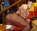 2boys alternate_pectoral_size ass ass_focus bandaid bandaid_on_cheek bara brown_pants character_request feet_out_of_frame jimsdaydreams large_pectorals leaning_forward looking_at_viewer male_focus mask monster_boy multiple_boys muscular muscular_male nipples pants pectorals persona sanada_akihiko shirt_around_neck short_hair sideburns solo_focus thick_thighs thighs white_hair 