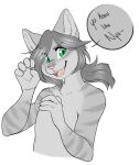  anthro domestic_cat felid feline felis green_eyes hair hi_res male mammal meme open_mouth pink_nose ponytail solo stripes teeth tongue trexqueen troy_lesage waist_up 
