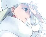  1girl blue_eyes commentary_request earrings from_side fur_hat gym_leader hand_up hat heyasamu jewelry long_hair long_sleeves melony_(pokemon) parted_lips pokemon pokemon_(game) pokemon_swsh ring scarf sketch solo upper_body white_headwear white_scarf 