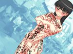  774 774_(nanashi) black_hair blush body_writing breast_squeeze breasts copyright_request exhibitionism female girl humiliation large_breasts long_hair nude public public_nudity sweat translation_request uncensored 