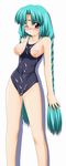  ;( absurdres aqua_hair arms_at_sides bangs bare_arms bare_legs bare_shoulders black_swimsuit braid breasts breasts_outside canal_vorfeed closed_mouth collarbone competition_swimsuit covered_navel cum cum_on_body cum_on_breasts cum_on_clothes cum_on_upper_body eyebrows_visible_through_hair facial facial_mark forehead_mark highres legs_apart long_hair looking_at_viewer lost_universe medium_breasts nipples one-piece_swimsuit parted_bangs purple_eyes raised_eyebrows school_swimsuit shiny shiny_skin simple_background skin_tight solo standing sugimura_tomokazu swimsuit tareme twin_braids very_long_hair white_background 