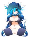  armor blue_eyes blue_hair blush bottomless breasts choker cleavage dragon large_breasts pussy scales spikes tail thighhighs uncensored 