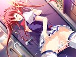  1girl aftersex asakura_nanao breasts censored cum cum_in_pussy door eyes_closed hair_ribbon highres large_breasts long_hair lyrical_lyric mosaic_censoring panties panty_pull pink_hair pink_panties pussy ribbon school_uniform skirt skirt_lift solo thighhighs twintails umbrella underwear 