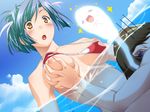  1girl :d :o =_= asphyxiation assisted_exposure bikini bikini_lift bikini_pull blue_hair blush breast_grab breasts brown_hair cloud day death drowning dutch_angle embarrassed game_cg ghost giving_up_the_ghost grabbing hands_clasped head_wings hetero jordh kawakami_kousuke kuuchuu_yousai large_breasts megachu! nipples open_mouth outdoors own_hands_together partially_submerged polka_dot polka_dot_bikini polka_dot_swimsuit ponytail red_bikini short_hair sky smile sparkle submerged surprised swimsuit underboob water wet wet_hair yellow_eyes 