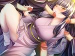 blush breasts censored clothed_sex gangbang group_sex japanese_clothes kimono large_breasts long_hair sex 