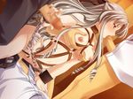  1girl 3boys breast_grab breasts censored chains fellatio game_cg grabbing long_hair multiple_boys oral penis sex silver_hair 