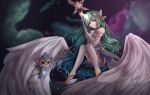  1girl alternate_costume alternate_eye_color alternate_hair_color alternate_hairstyle breasts fluffy_ears gloves green_hair horn league_of_legends long_hair solo soraka staff star_guardian_(league_of_legends) star_guardian_soraka thighhighs very_long_hair white_gloves white_legwear white_wings wings 