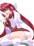  ass aty_(summon_night) between_breasts blue_eyes blush boots breasts food glasses kneeling large_breasts licking long_hair one_eye_closed open_mouth panties popsicle red_hair sexually_suggestive shinama solo summon_night summon_night_3 thigh_boots thighhighs tongue underwear white_footwear wince 