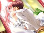  1girl assertive blush bridal_veil bride brown_eyes choukou_sennin_haruka couple dress elbow_gloves eye_contact game_cg girl_on_top gloves hetero high_heels hug ikusabe_takamaru leg_lock long_hair looking_at_another onigirikun pink_hair sex shihoudou_narika shoes straddling thighhighs twintails upright_straddle veil wedding_dress white_dress 